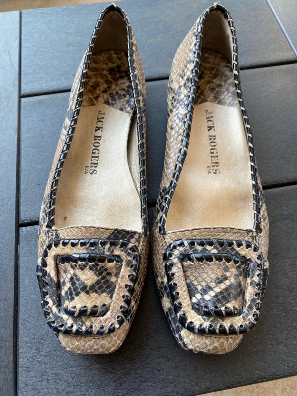 Jack Rogers Tan and Black Snake-Print Loafers